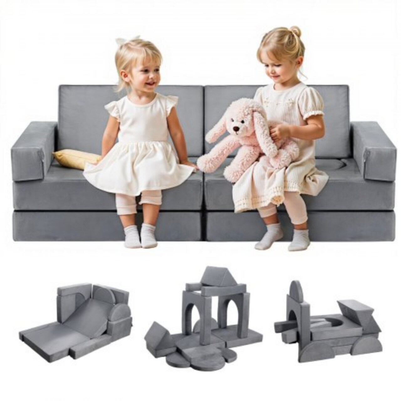 14-Piece Modular Kids Play Sofa – 28D Sponge, Short Plush Fabric, Creative Combination Couch (Gray)